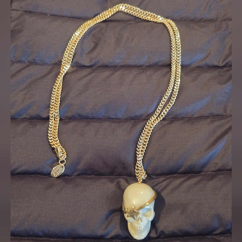 Authentic Disney Skull Necklace Gold Star eye patch Long gold chain Rare find
